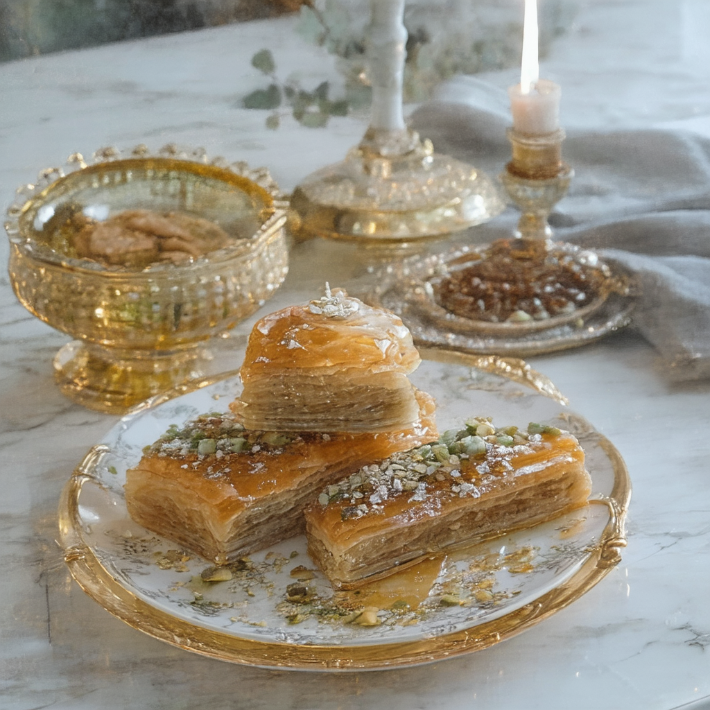Honey baklava with pistachios on a gold plate