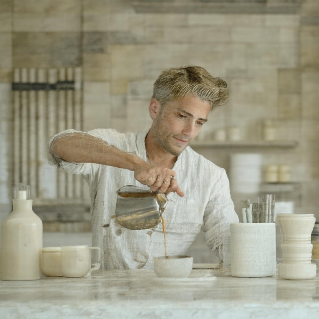 Barista in a white chiton pouring espresso behind a marble counter