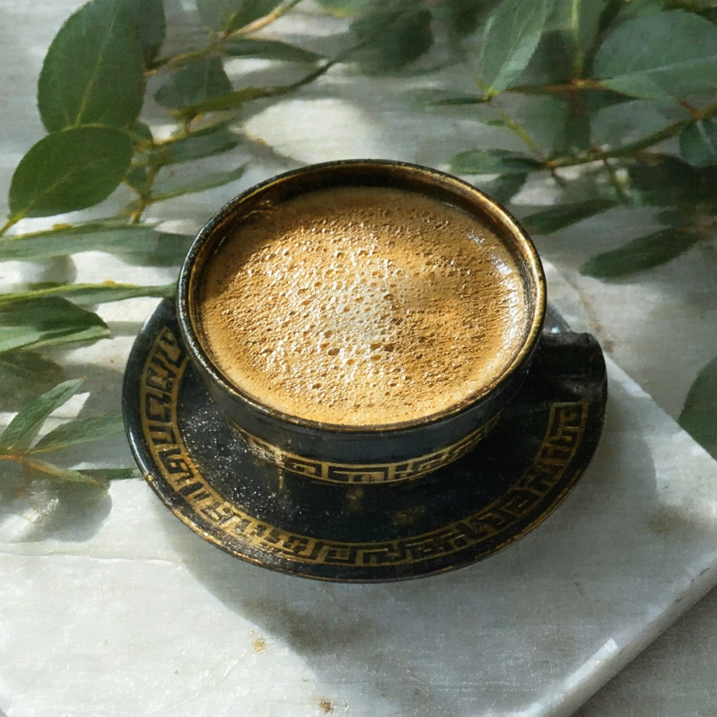 Espresso in a black cup with a gold meander pattern