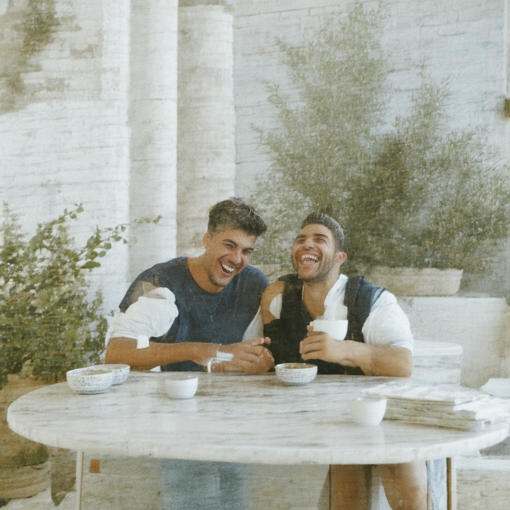 Guests in flowing robes sharing coffee at a marble cafe table