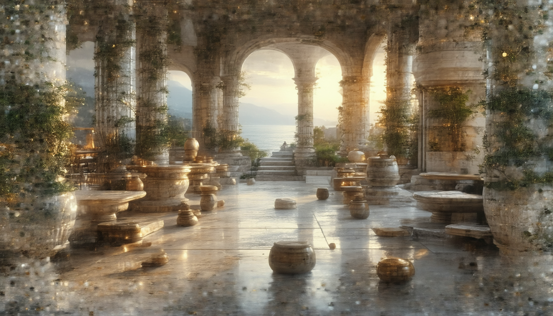 A marble temple cafe with Doric columns overlooking the Aegean