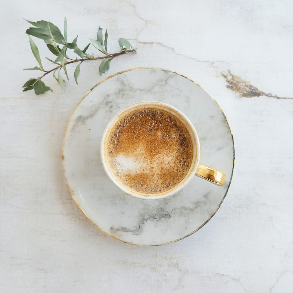 Golden honey latte in a gold-rimmed cup