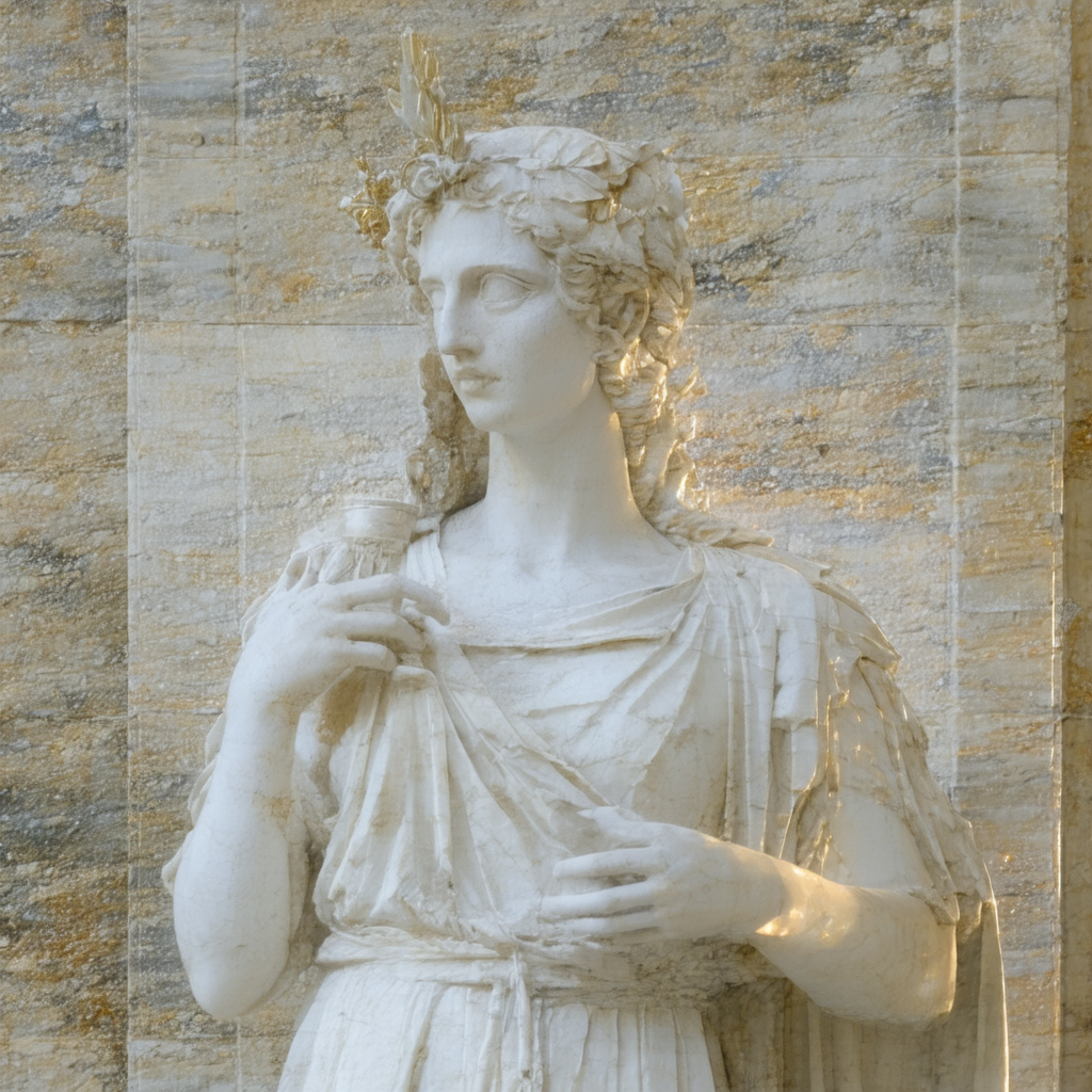 Marble statue of a goddess holding a coffee cup